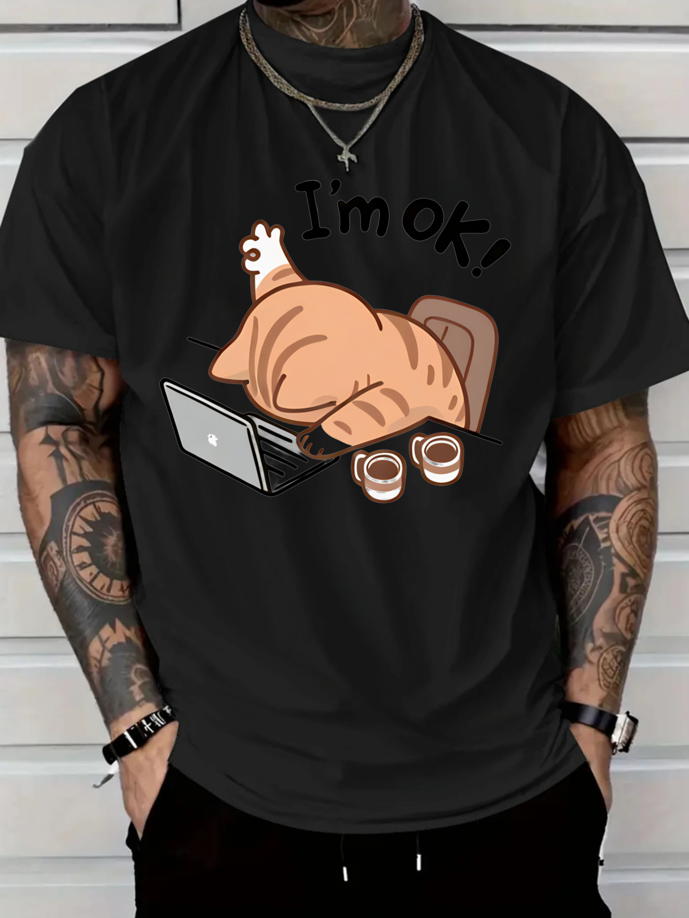Men's Graphic T-Shirt Im Ok Relaxed Cat Sleeping Beside Laptop And Coffee