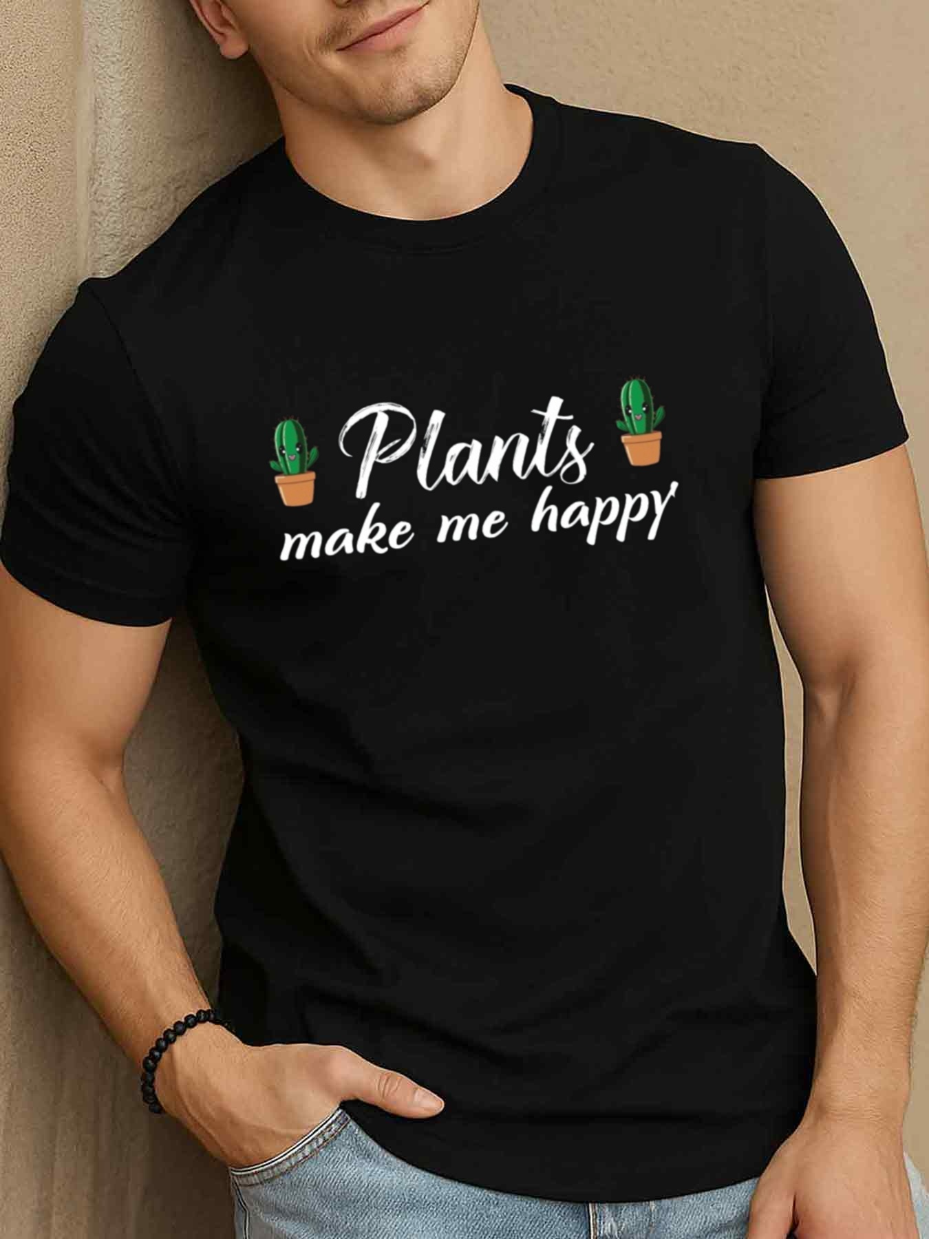 Men's Graphic T-Shirt Plants Make Me Happy Cute Cactus Pots With Playful White Script Text