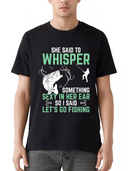 Men's Graphic T-Shirt She Said To Whisper Green Letters With A Fishing Rod Among Cartoon Fish Black T Shirt