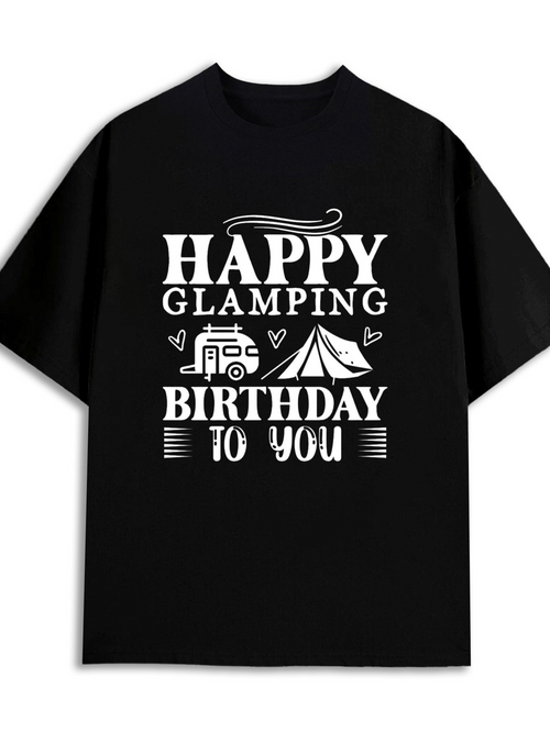 Men's Graphic T-Shirt Happy Glamping Birthday To You With Camper Tent And Decorative Elements