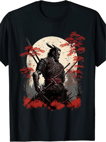 Men's Graphic T-Shirt Shadowed Warrior With Crimson Foliage Beneath A Glowing Full Moon Samurai