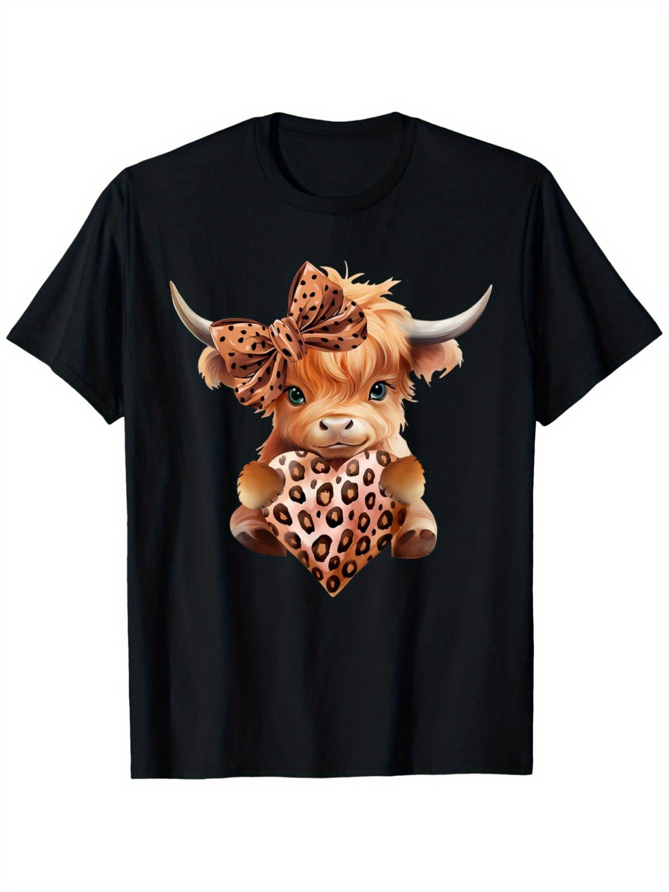 Men's Graphic T-Shirt Adorable Highland Cow With Leopard Patterned Bow And Scarf