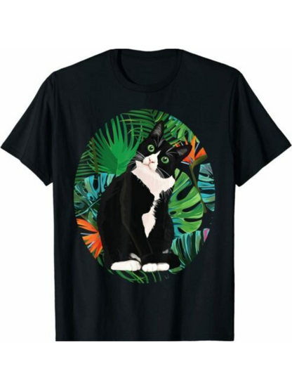 Men's Graphic T-Shirt Tropical Jungle With Lush Leaves Surrounding A Black And White Cat