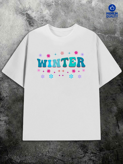 Men's Graphic T-Shirt Winter Playful Colorful Snowflakes With Stylized Blue Lettering