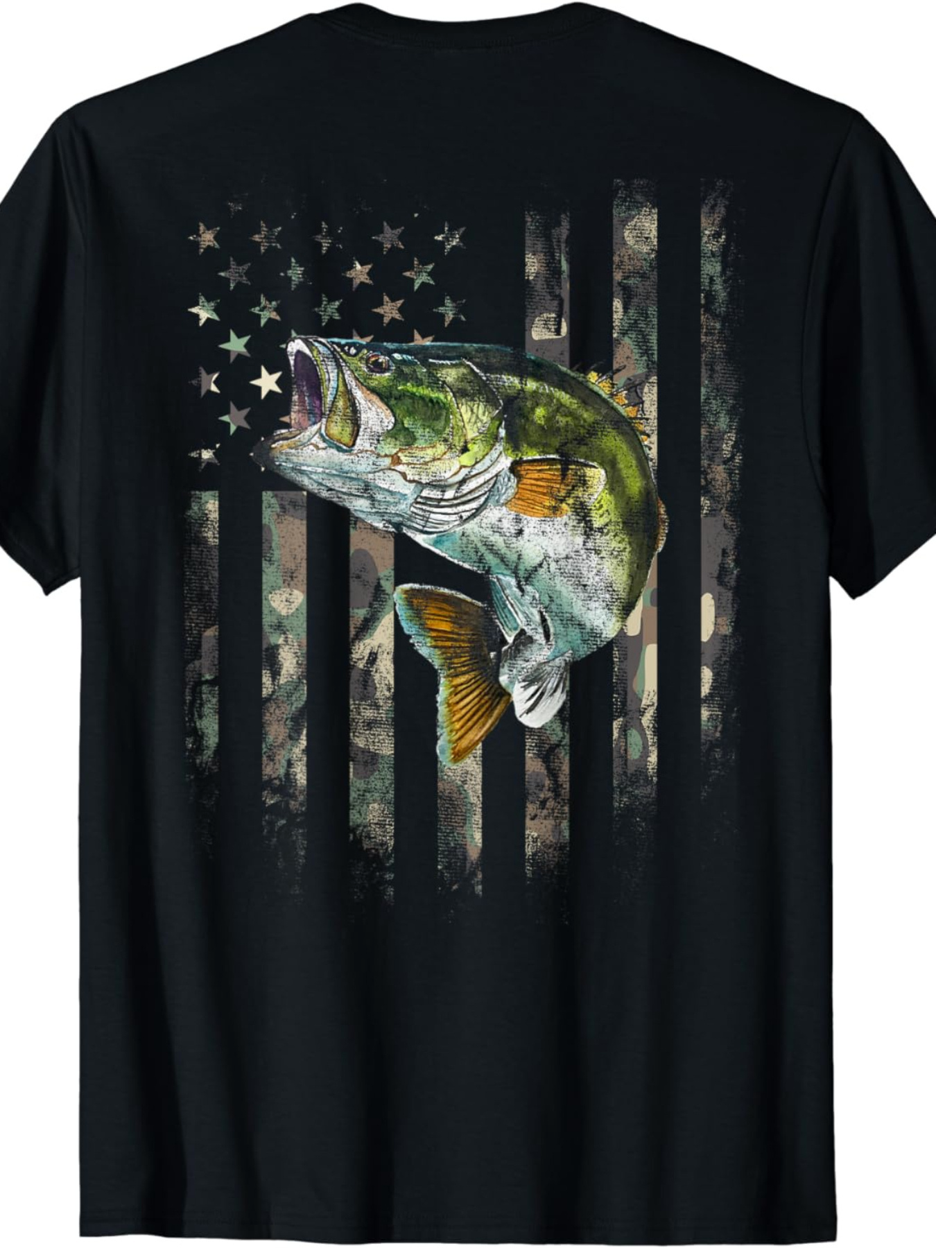 Men's Graphic T-Shirt Patriotic Camouflage Stars And Stripes With Largemouth Bass Fish