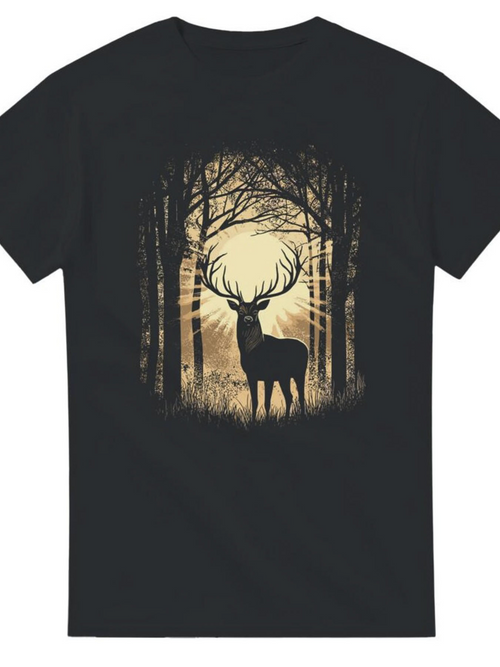 Men's Graphic T-Shirt Golden Sunlight Filtering Through Silent Forest With Majestic Antlered Deer