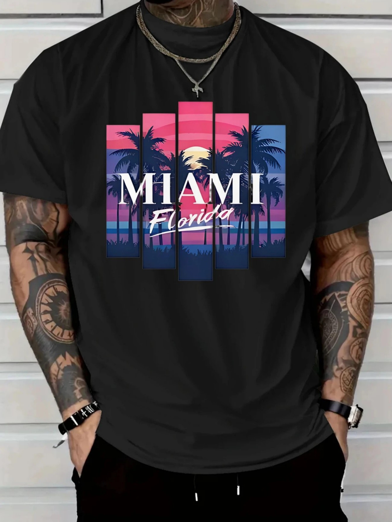 Men's Graphic T-Shirt Miami Florida Sunset Silhouetted Palm Trees And Colorful Striped Skyline