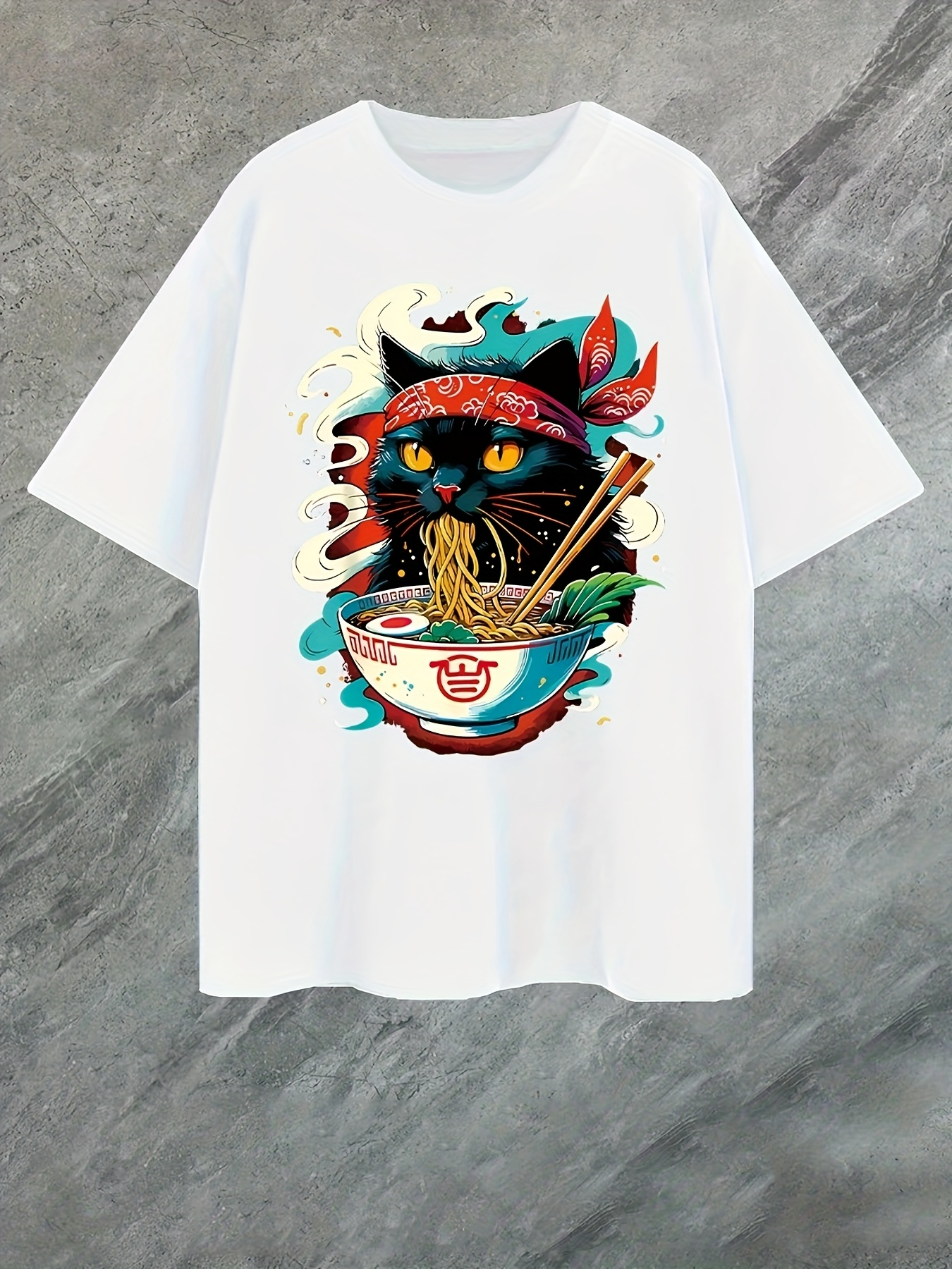 Men's Graphic T-Shirt Colorful Headband Cat Eating Noodles Among Swirling Steam Bowl