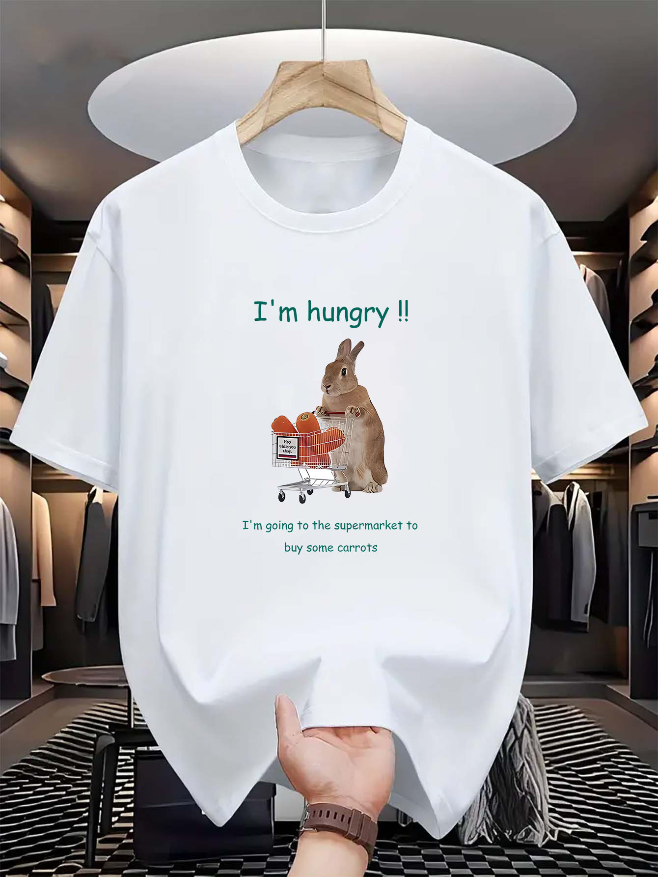 Men's Graphic T-Shirt Im Hungry Bunny Holding Shopping Cart With Groceries Under Soft Lighting