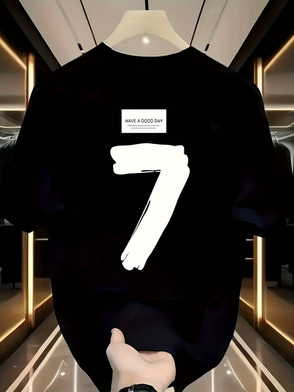 Men's Graphic T-Shirt Large White Painted Number Seven On Black Minimalist T Shirt
