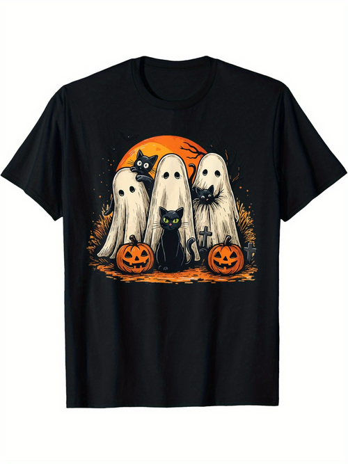 Men's Graphic T-Shirt Halloween Pumpkins And Black Cats Among White Ghost Figures