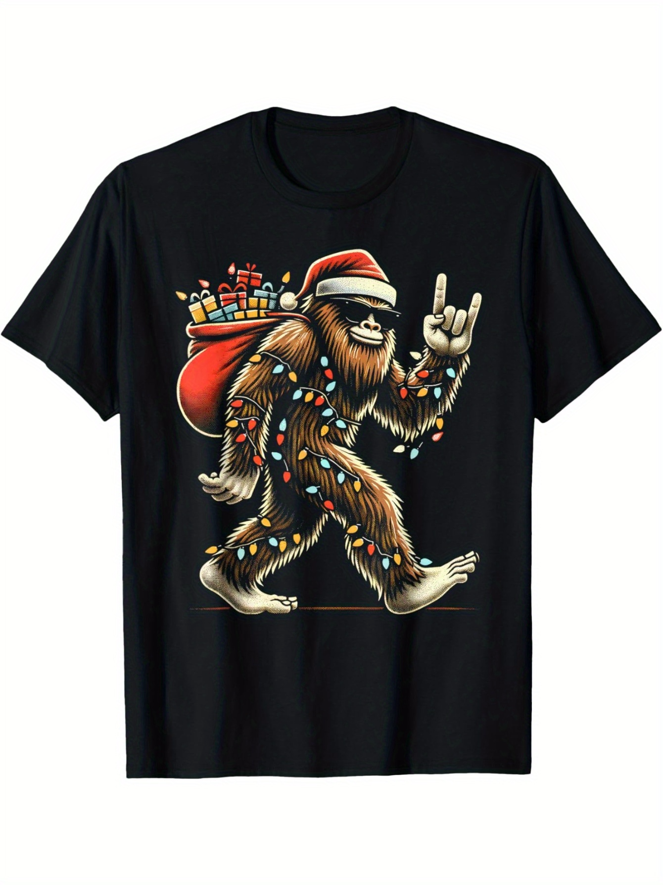 Men's Graphic T-Shirt Christmas Lights With Festive Santa Hat Carrying Gifts Bigfoot