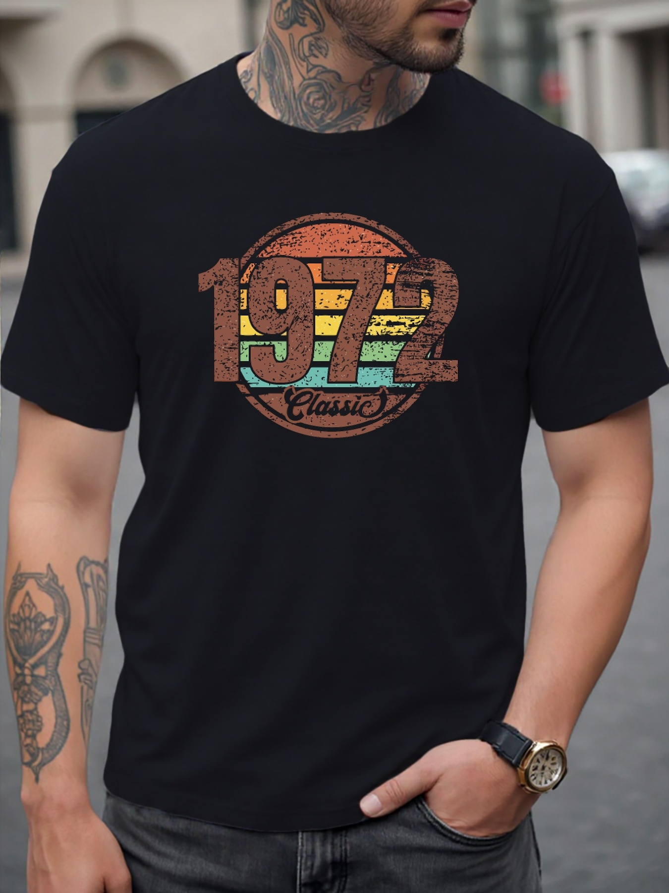 Men's Graphic T-Shirt Retro Sunset Stripes With Vintage Numbers And Classic Round Emblem