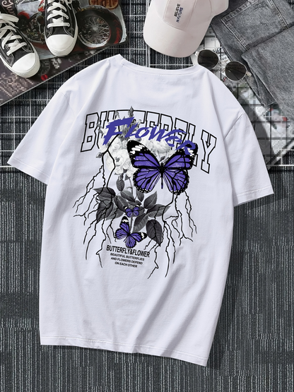 Men's Graphic T-Shirt Butterfly Flowers Surreal Purple Accents Among Branches With Skull Butterfly