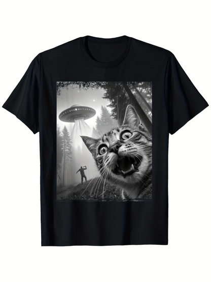Men's Graphic T-Shirt Surreal Forest Landscape With Giant Shocked Cat UFO And Tall Trees