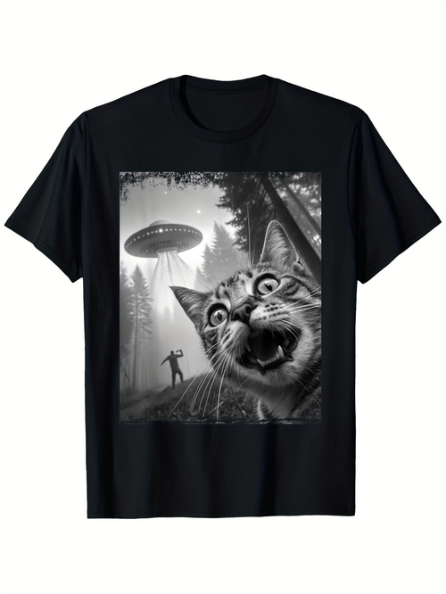 Men's Graphic T-Shirt Surreal Forest Landscape With Giant Shocked Cat UFO And Tall Trees