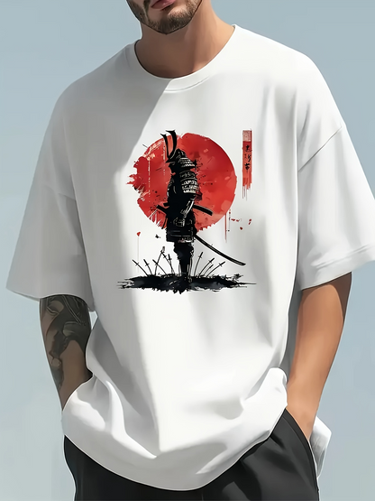 Men's Graphic T-Shirt Shadowed Samurai Silhouette Against Crimson Sunburst With Black Grass Samurai