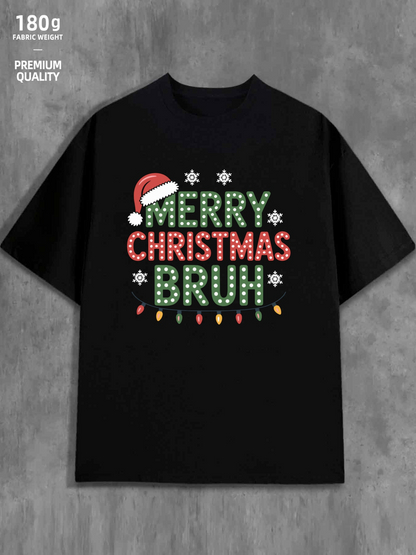 Men's Graphic T-Shirt Merry Christmas Bruh Festive Lights With Snowflakes Santa Hat Black Tshirt