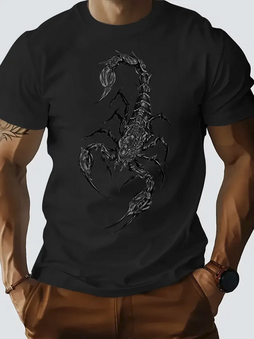 Men's Graphic T-Shirt Monochrome Stylized Linework Illustration With Spiked Tail And Imposing Claws Scorpion