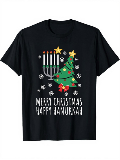 Men's Graphic T-Shirt Merry Christmas Happy Hanukkah With Festive Snowflakes Tree Candles And Stars