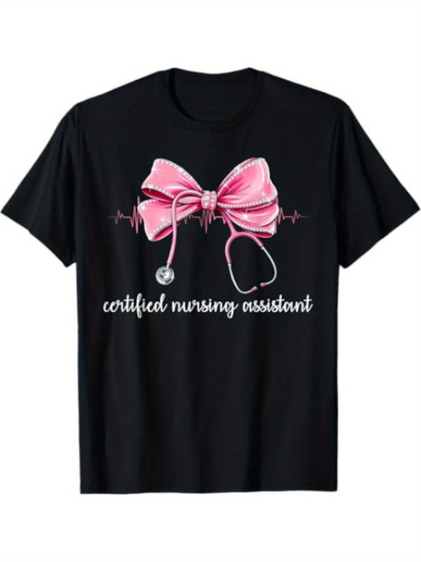 Men's Graphic T-Shirt Certified Nursing Assistant Pink Bow With Heartbeat Pattern Stethoscope