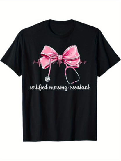 Men's Graphic T-Shirt Certified Nursing Assistant Pink Bow With Heartbeat Pattern Stethoscope