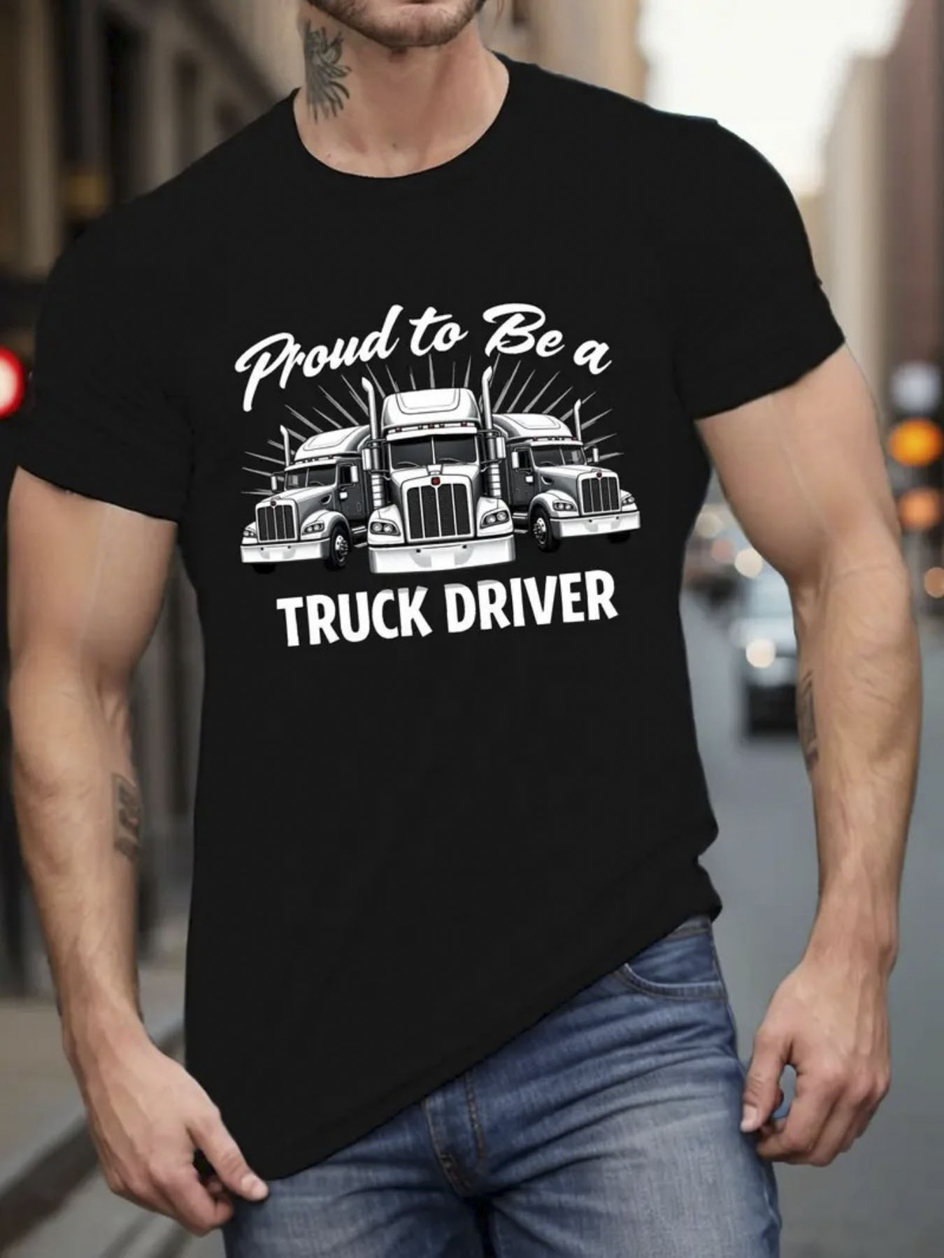 Men's Graphic T-Shirt Proud To Be A Truck Driver With Urban Street Scene And Bold Classic Trucks