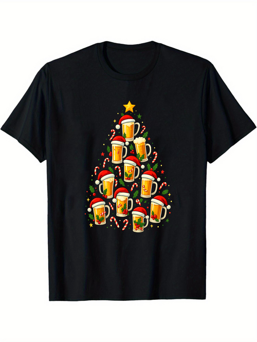 Men's Graphic T-Shirt Sparkling Lights And Santa Hats Forming Festive Holiday Beer Tree