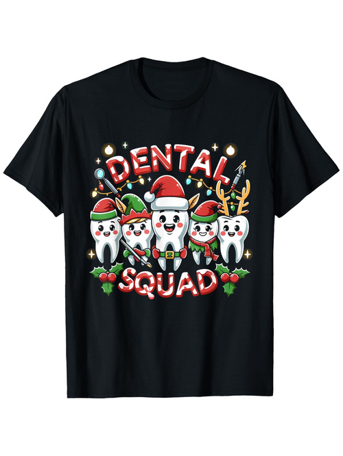 Men's Graphic T-Shirt Dental Squad Holiday Lights With Cute Cartoon Christmas Teeth