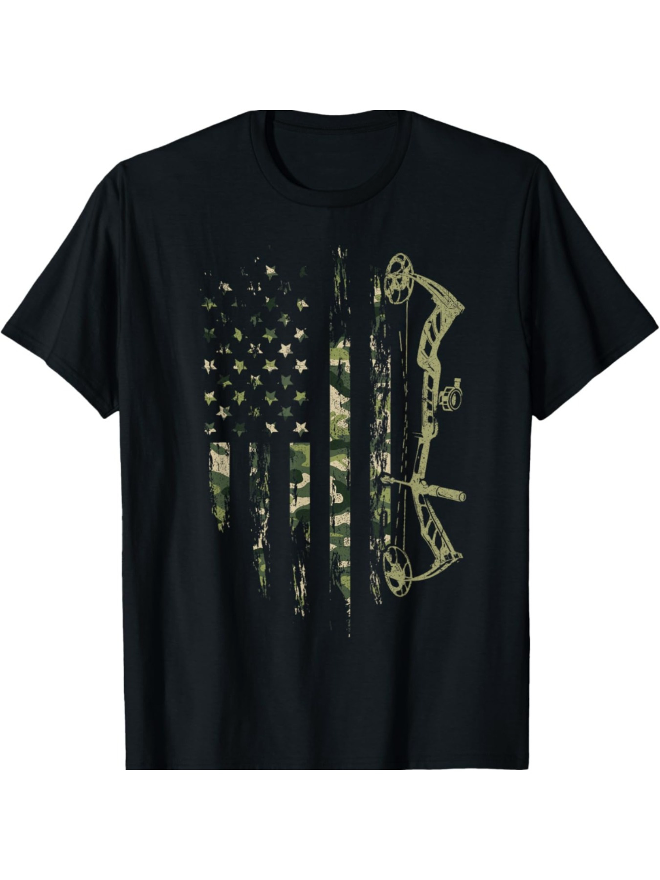 Men's Graphic T-Shirt Distressed Camouflage American Flag With Bow Hunting Equipment