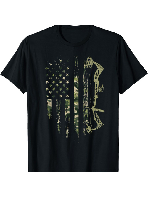 Men's Graphic T-Shirt Distressed Camouflage American Flag With Bow Hunting Equipment