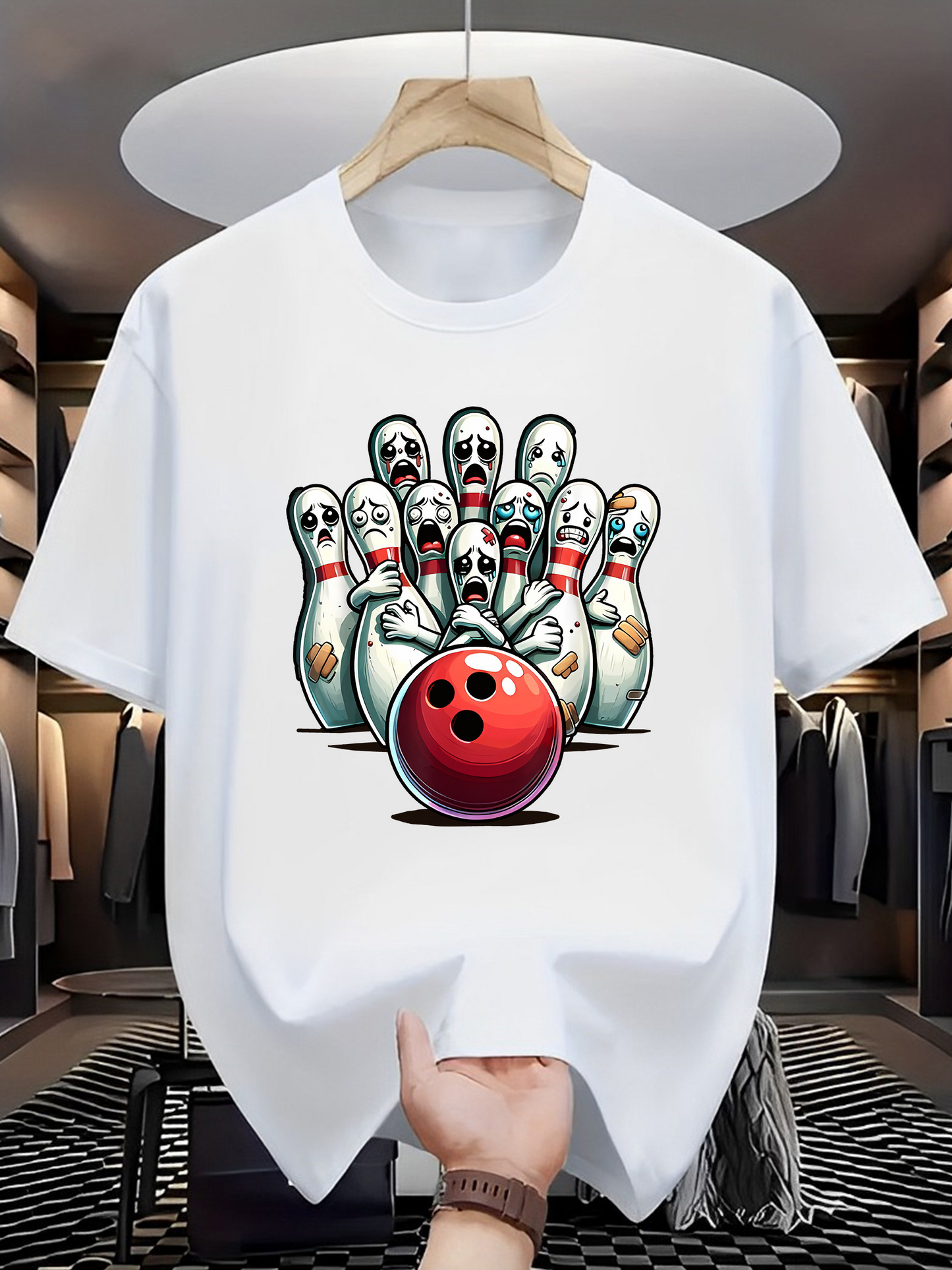 Men's Graphic T-Shirt Funny Faces Among Bowling Pins With Red Bowling Ball