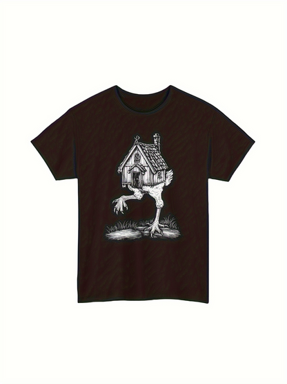 Men's Graphic T-Shirt Haunted Cottage With Large Clawed Bird Legs Emerging Creepy Shadow House