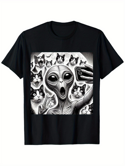 Men's Graphic T-Shirt Surreal Alien With Multiple Cats Taking A Selfie Artwork