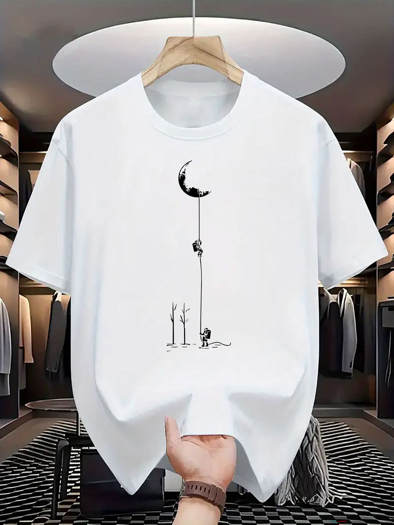 Men's Graphic T-Shirt Three Cats Climbing Up Rope Reaching For Crescent Moon