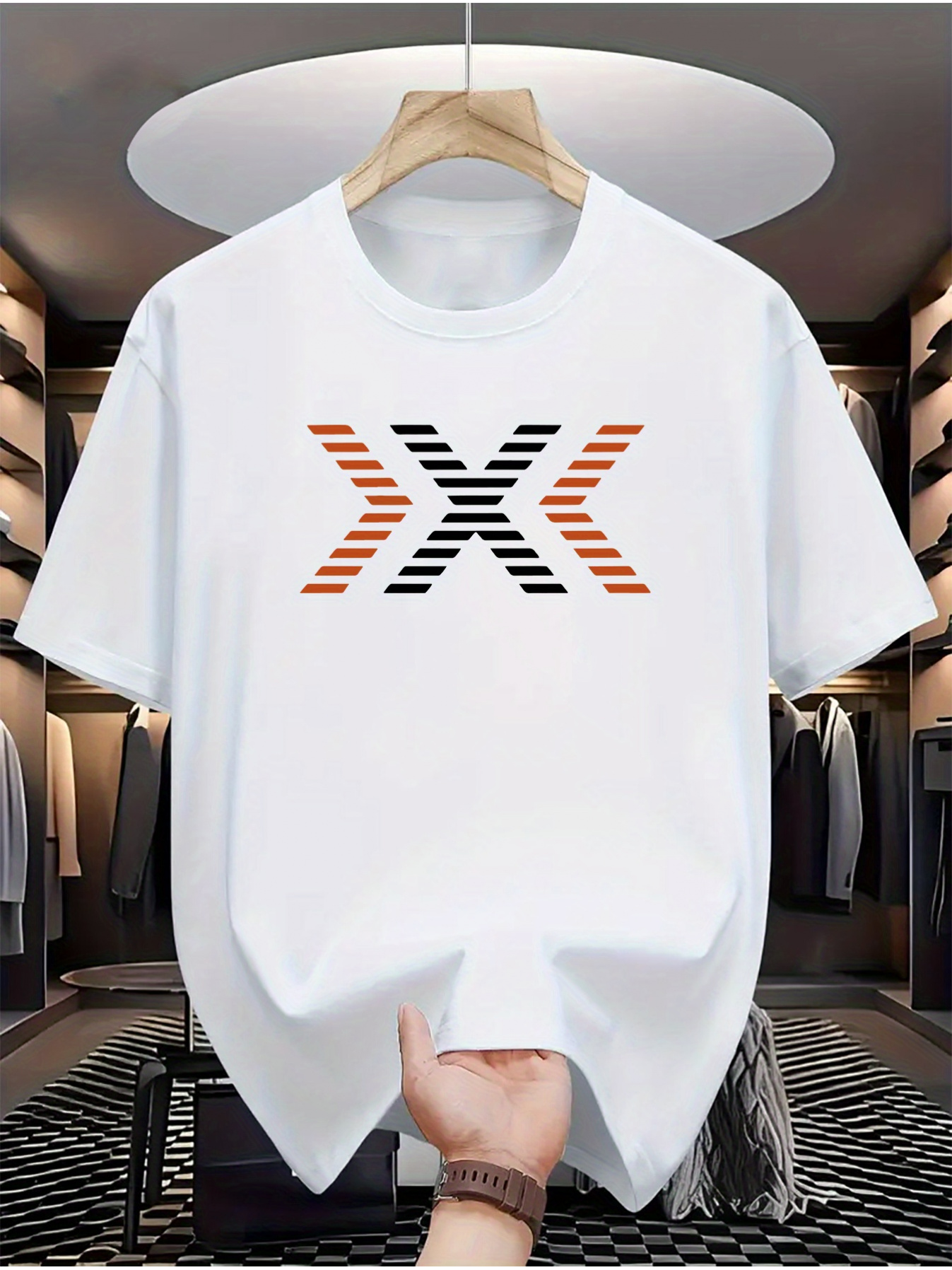 Men's Graphic T-Shirt Modern Orange And Black Lines Geometric Abstract X Symbol