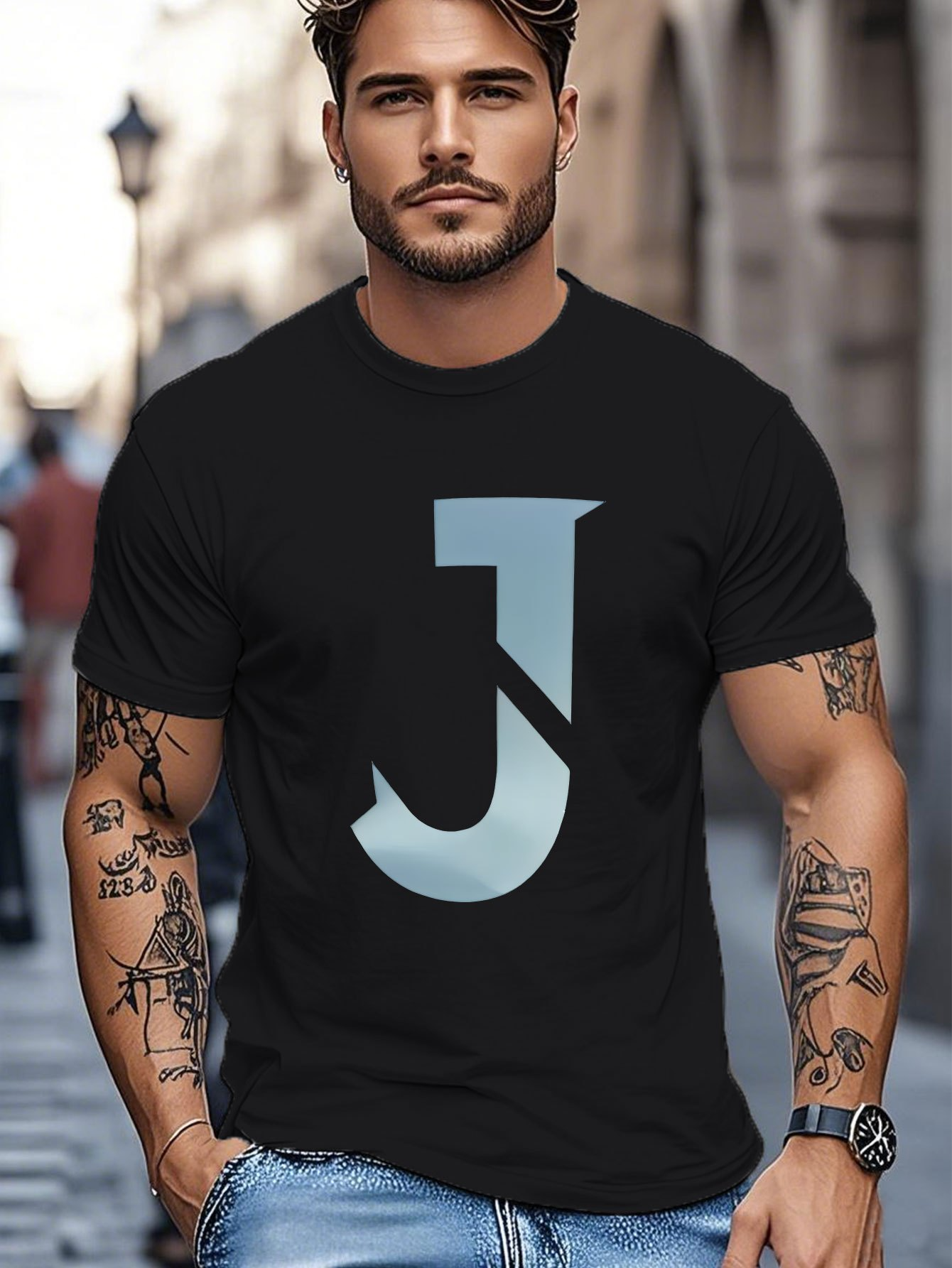Men's Graphic T-Shirt Large Minimal Letter J Under Soft Blue Light