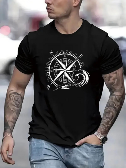 Men's Graphic T-Shirt Compass With Stylized North Direction Under Breaking Ocean Waves