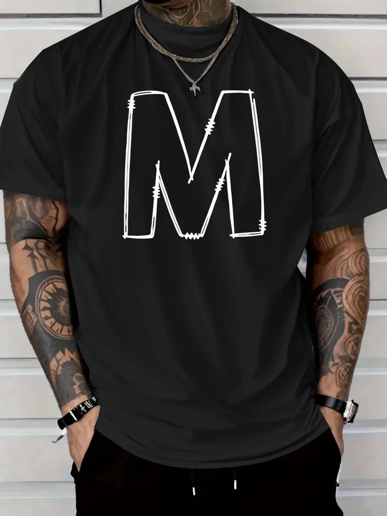 Men's Graphic T-Shirt Bold White Sketch Outline Letter M Design