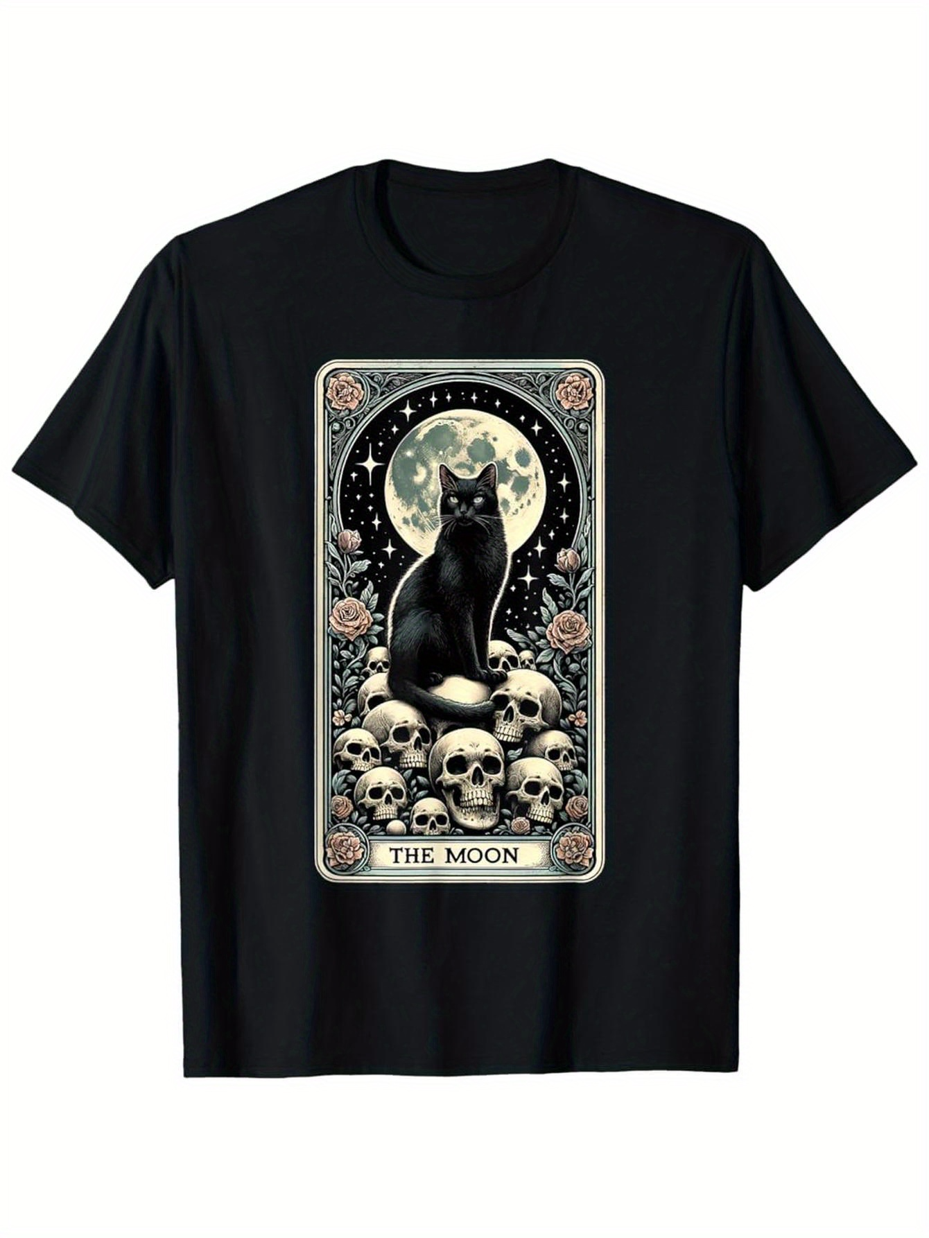 Men's Graphic T-Shirt The Moon Black Cat Surrounded By Skulls Roses And Starry Night Moon