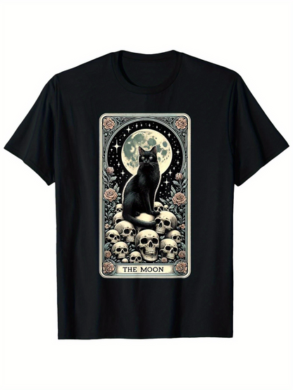 Men's Graphic T-Shirt The Moon Black Cat Surrounded By Skulls Roses And Starry Night Moon