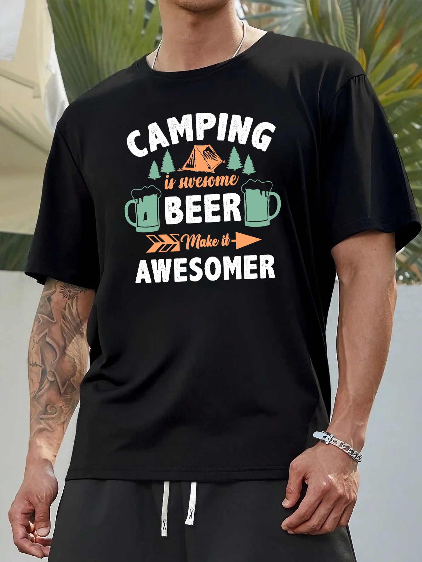 Men's Graphic T-Shirt Camping Is Awesome Beer Makes It Awesomer Under Mountain And Forest Graphic