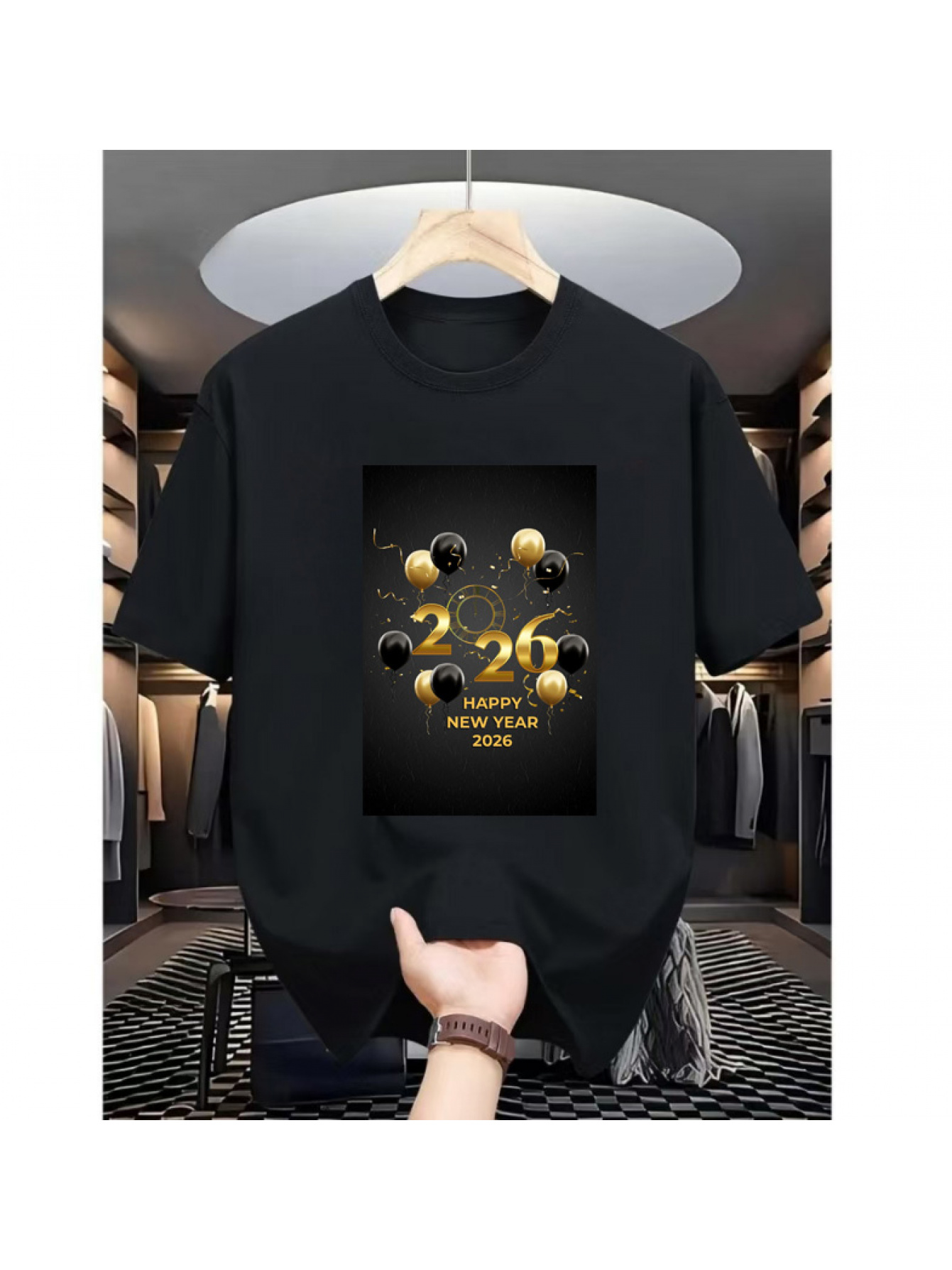 Men's Graphic T-Shirt Happy New Year Festive Gold Spheres With Sparkling Confetti Under Night Sky