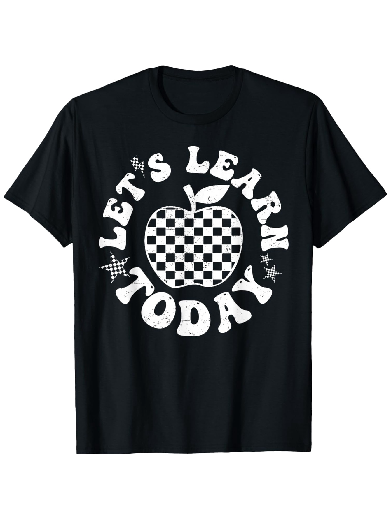 Men's Graphic T-Shirt Lets Learn Today With Checkered Pattern Surrounding Apple