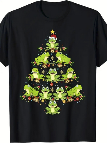 Men's Graphic T-Shirt Playful Green Frogs Arranged In Festive Holiday Christmas Tree Formation