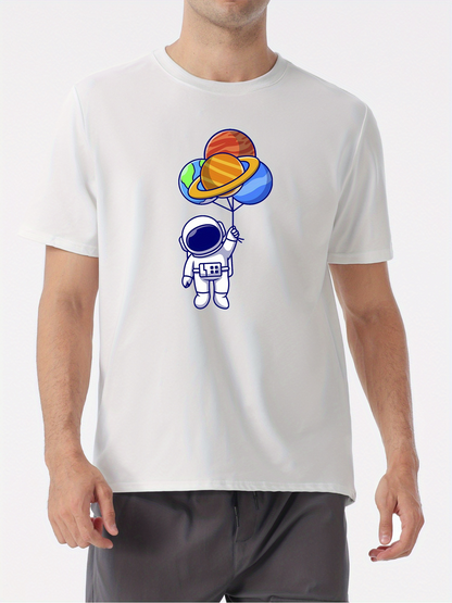 Men's Graphic T-Shirt Floating Astronaut Holding Colorful Planet Shaped Balloons In Space