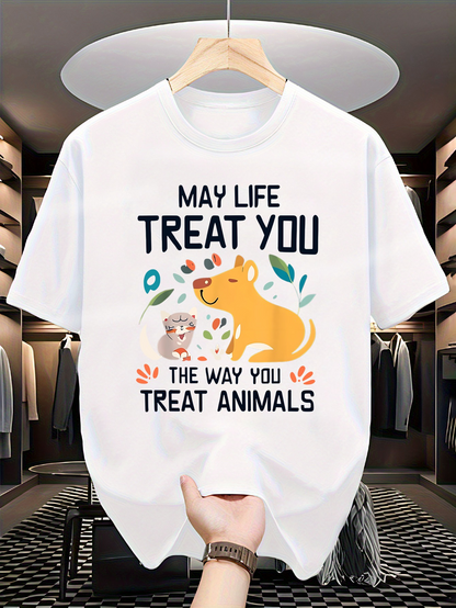 Men's Graphic T-Shirt May Life Treat You With Kindness Surrounded By Smiling Cat And Dog