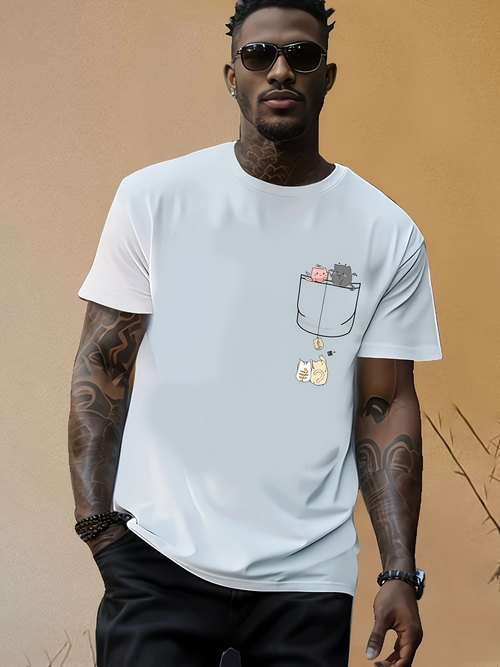 Men's Graphic T-Shirt Playful Cartoon Cat Peeking Out From Small Pocket Among Soft Shadows T Shirt