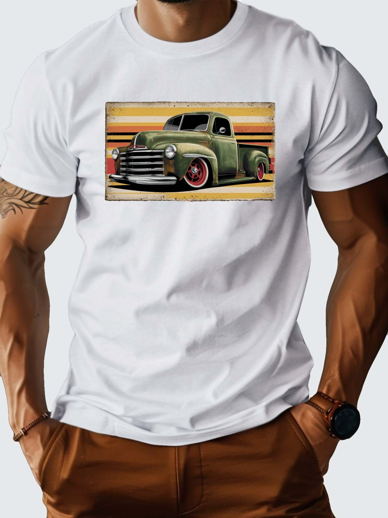 Men's Graphic T-Shirt Vintage Retro Green Pickup Truck On Faded Sunlit Highways