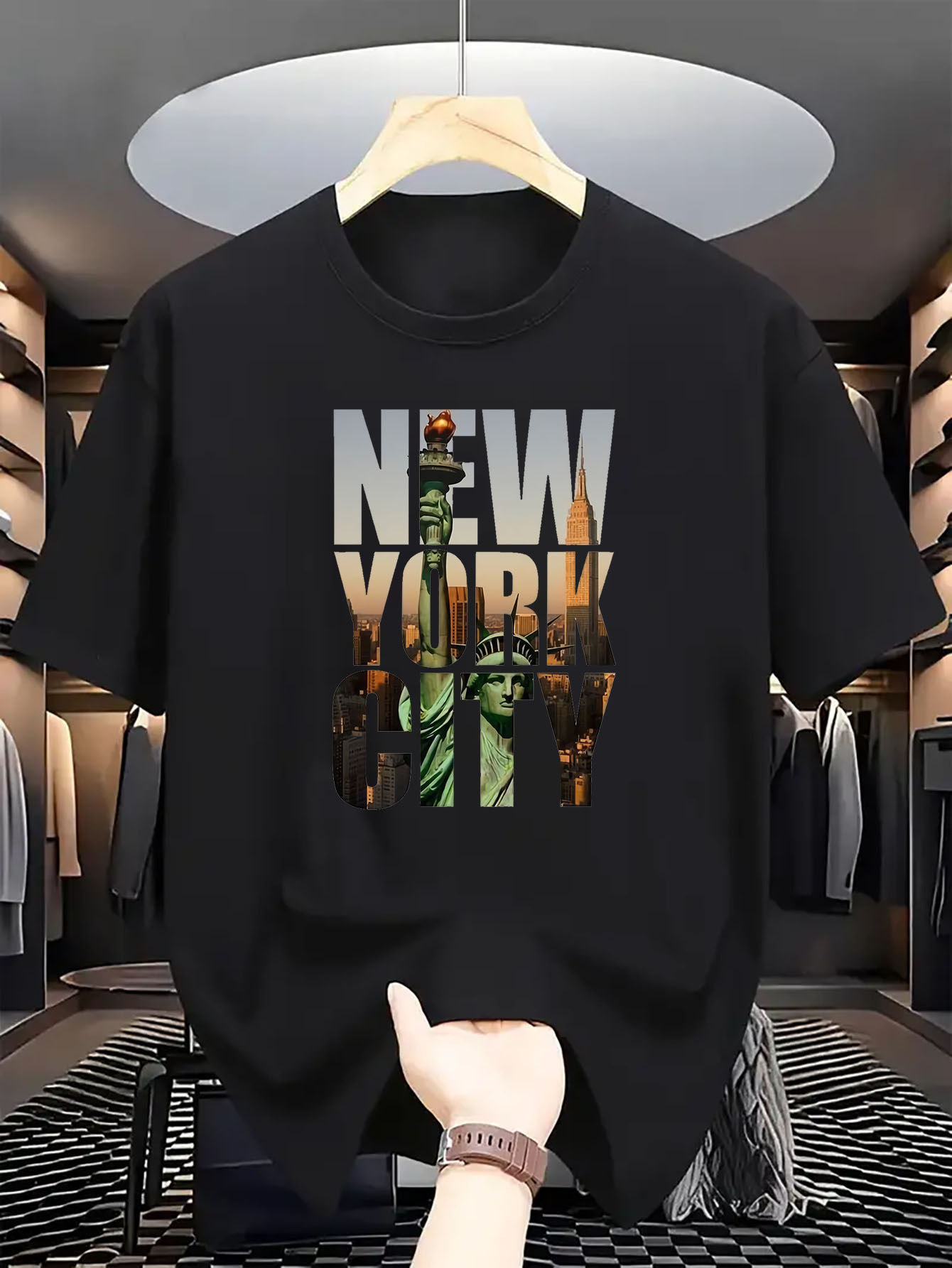 Men's Graphic T-Shirt New York Statue Of Liberty And City Lights Skyline